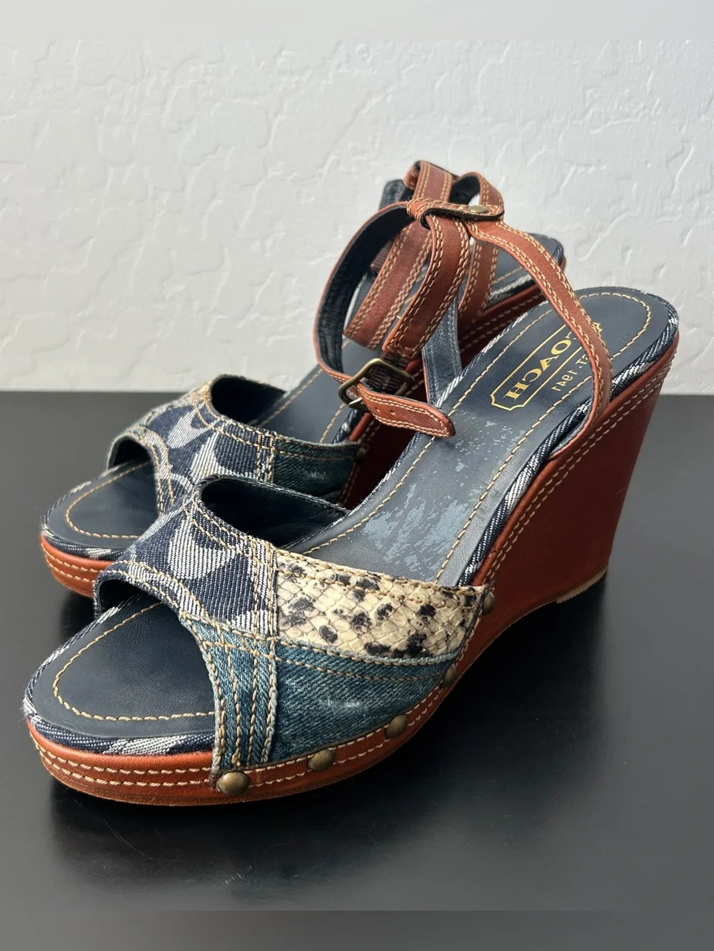 Coach Lynda Denim and Snakskin Patchwork Wedge